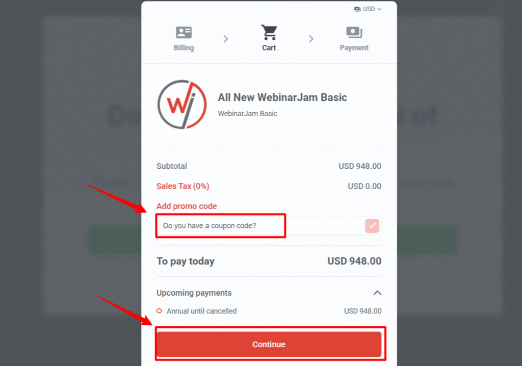 WebinarJam coupon section