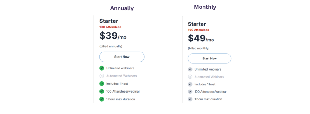 WebinarJam Starter plans and pricing