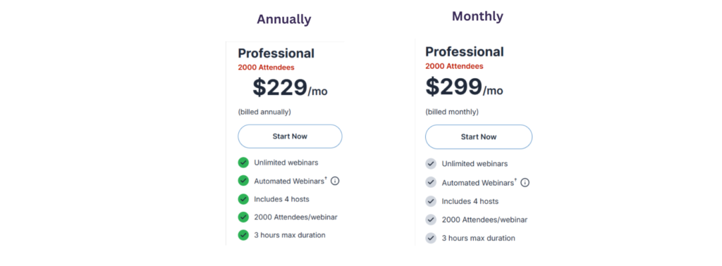 WebinarJam professional plans and pricing